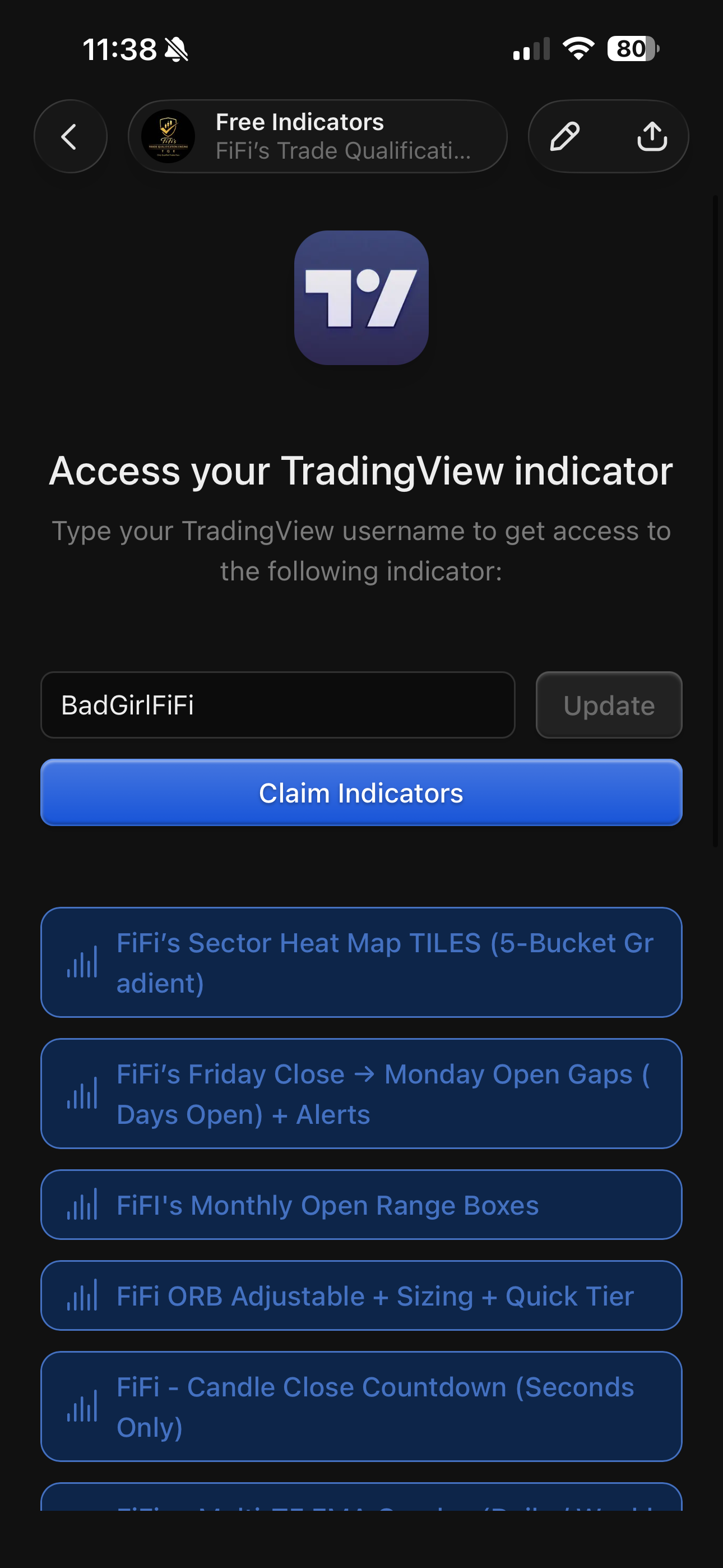 The Whop claim screen for the Free Indicators app