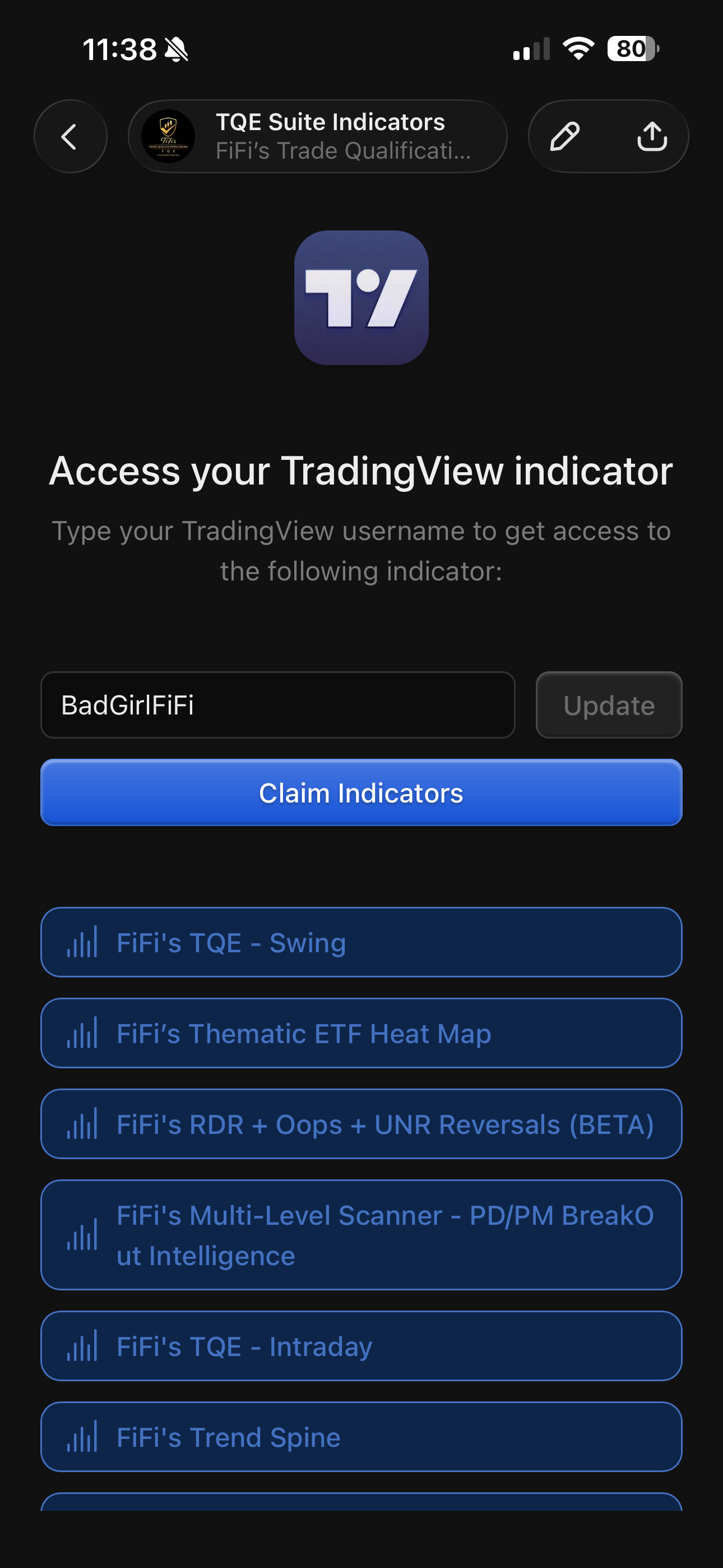 The Whop claim screen for the paid TQE Suite Indicators, showing the username field and Claim Indicators button