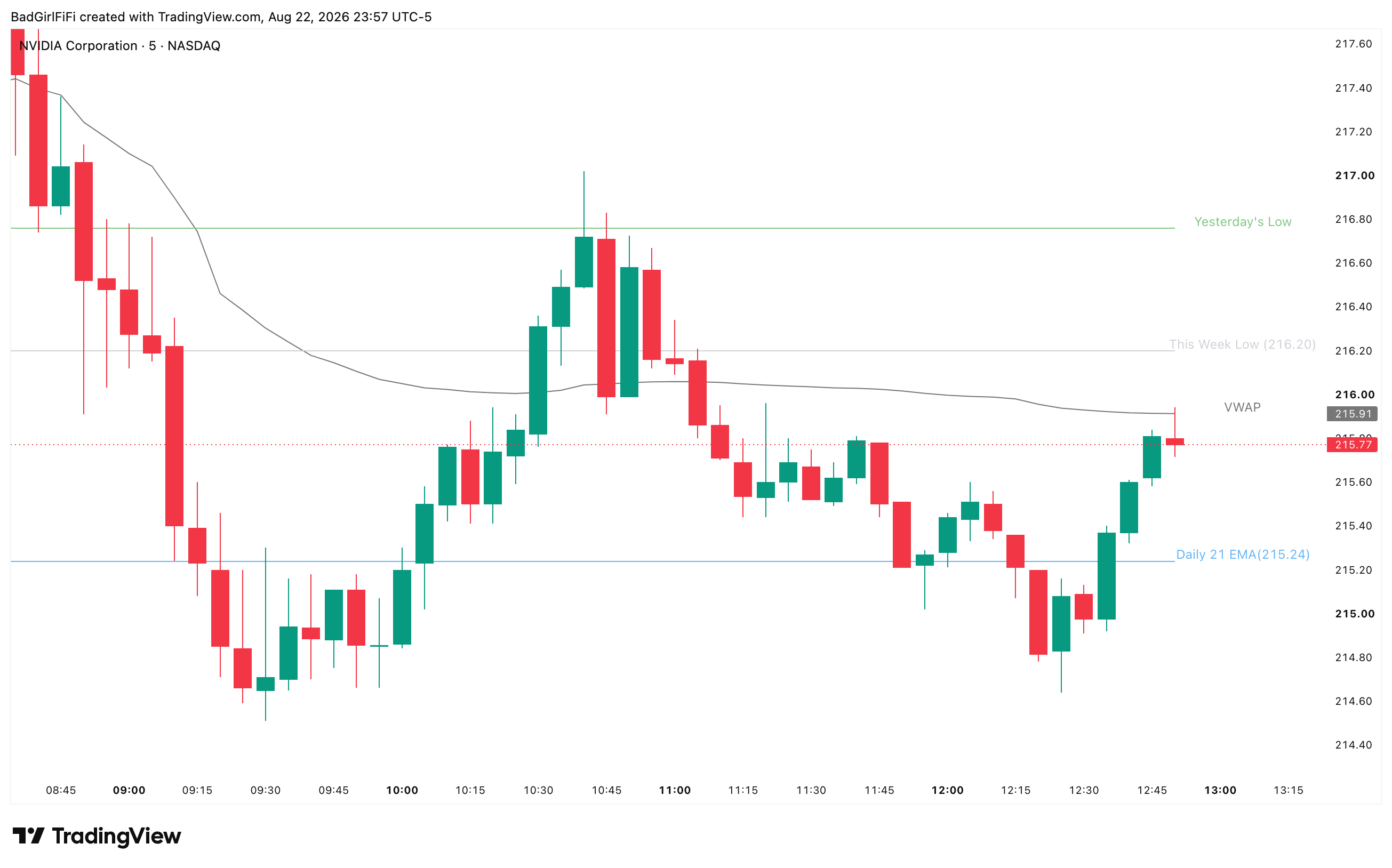 NVDA 5-minute chart with Yesterday’s Low, This Week Low, the Daily 21 EMA and VWAP plotted