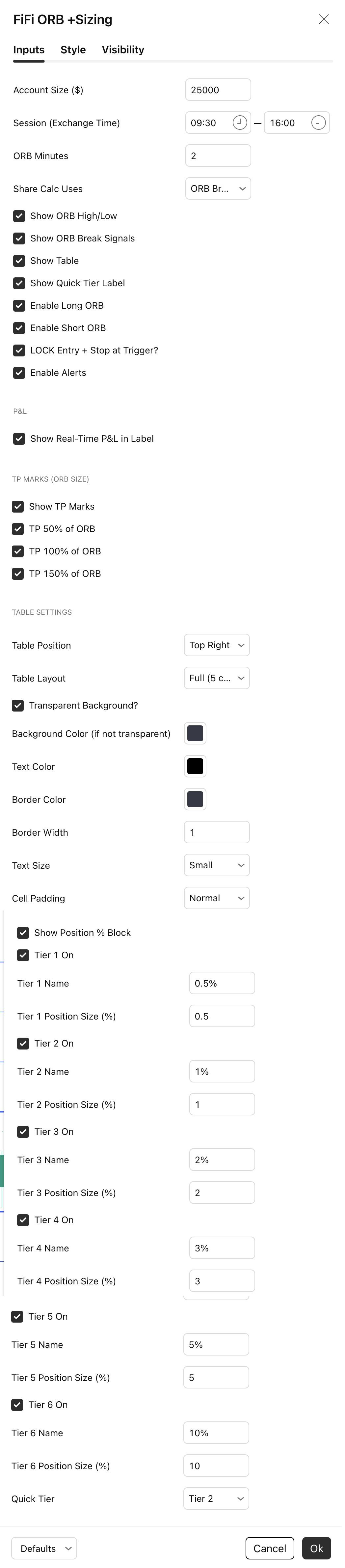 The ORB + Sizing inputs dialog