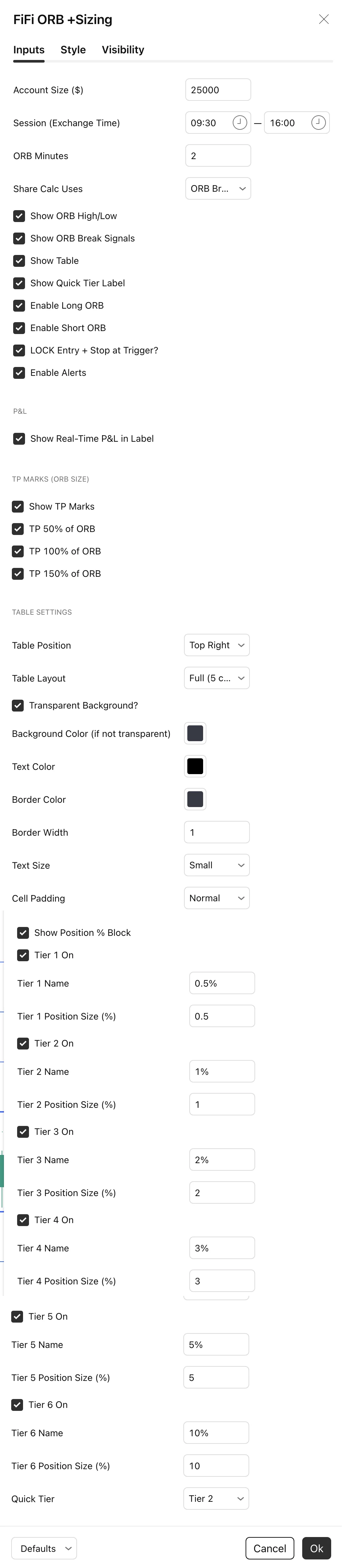 The ORB + Sizing inputs dialog