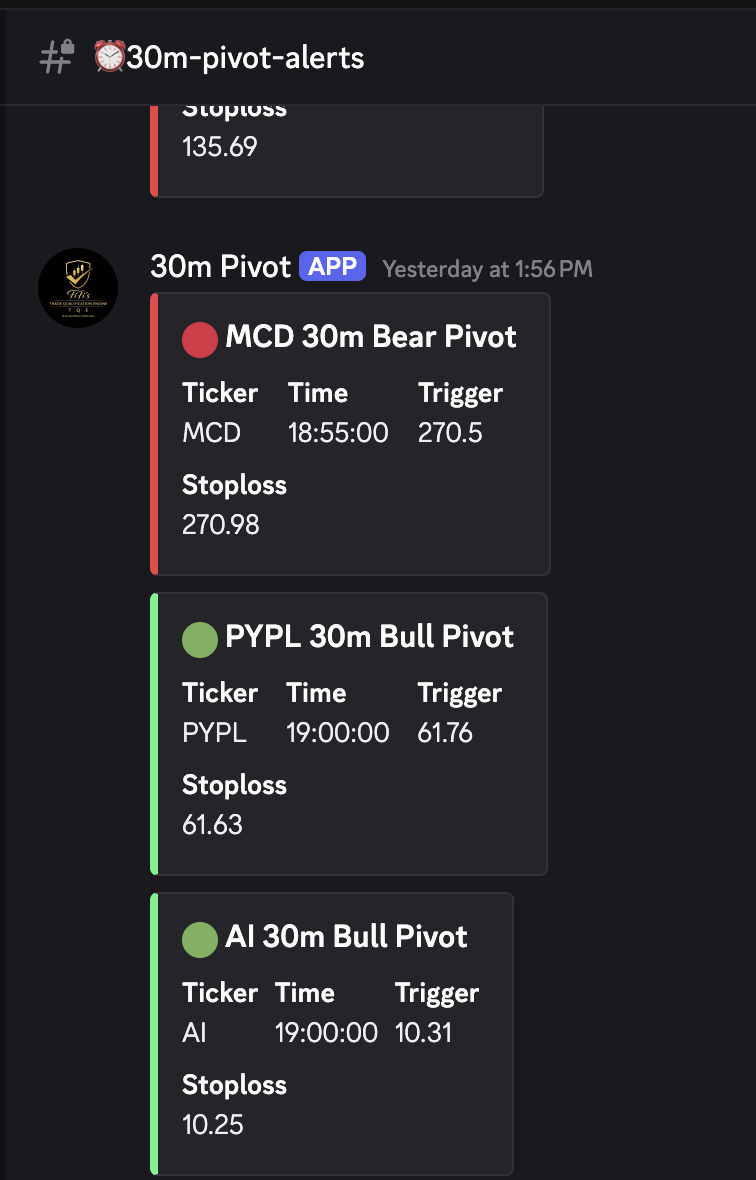 30m Pivot alerts posting into the members’ Discord channel