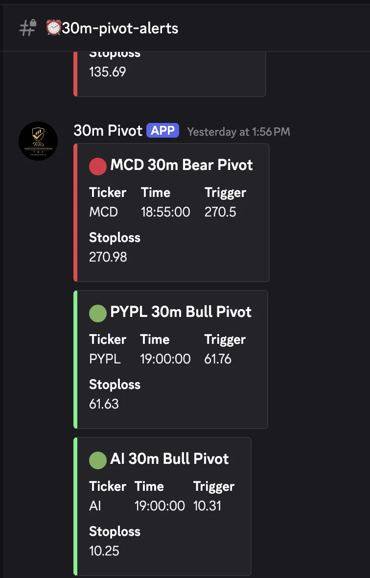 30m Pivot alerts posting into the members’ Discord channel