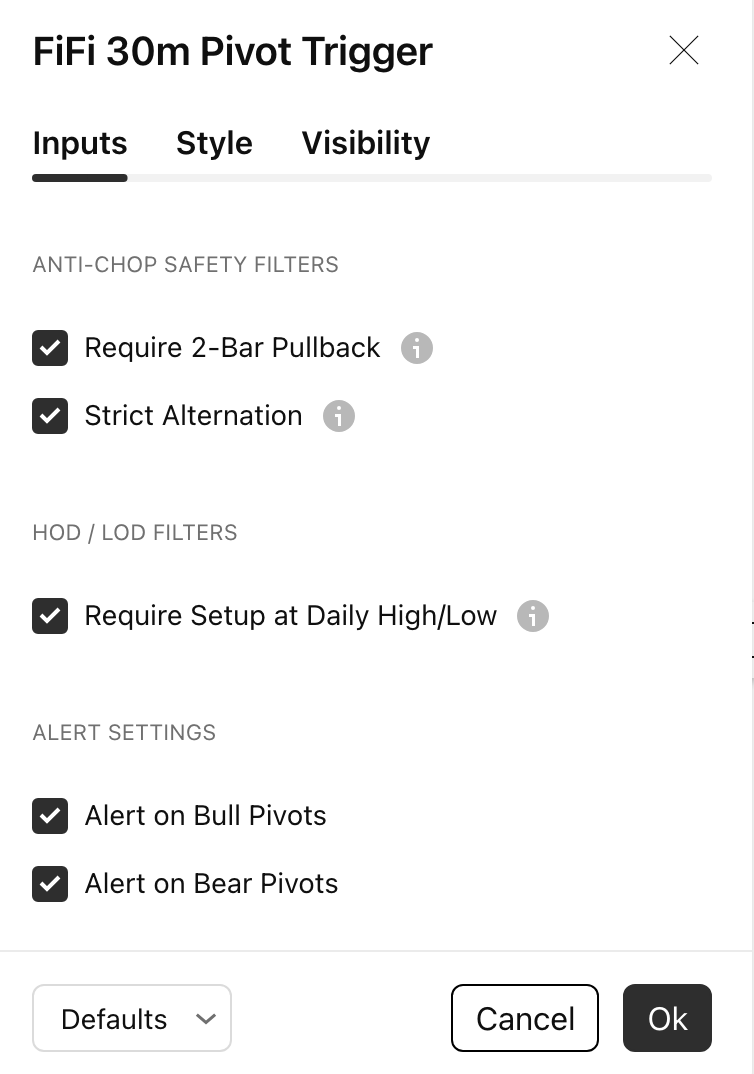 The 30m Pivot Trigger inputs dialog