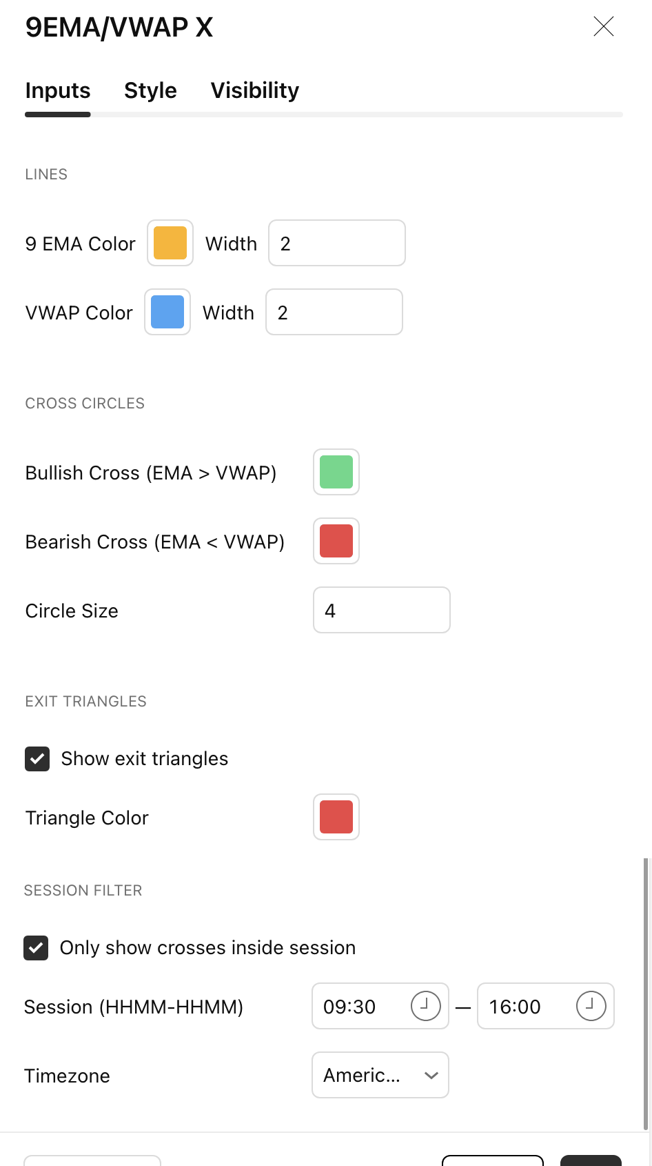 The 9EMA/VWAP Cross inputs dialog