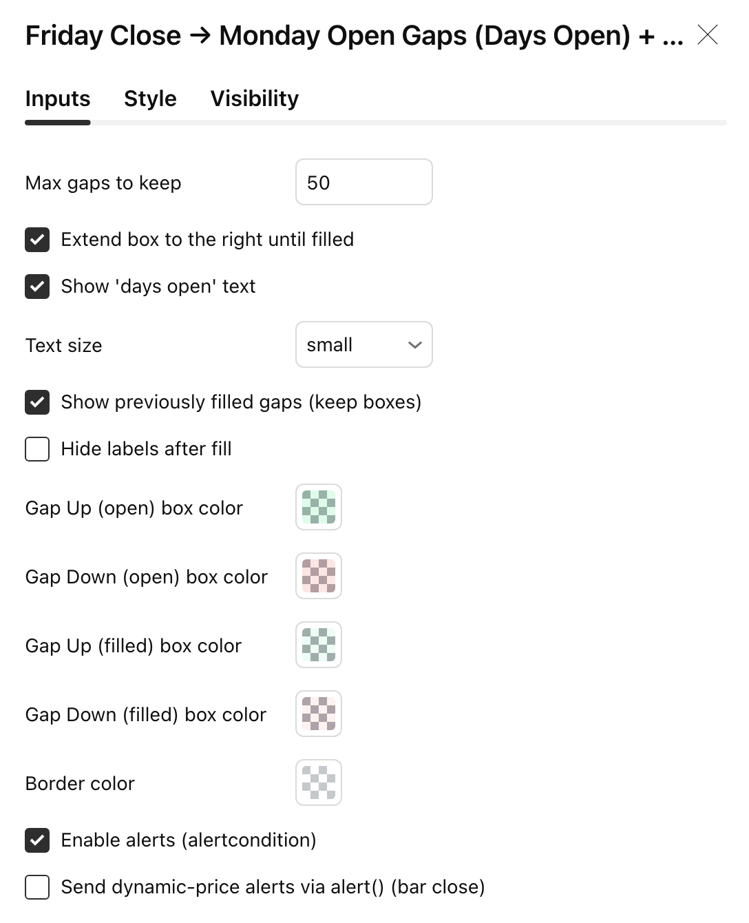 The Friday → Monday Gaps inputs dialog