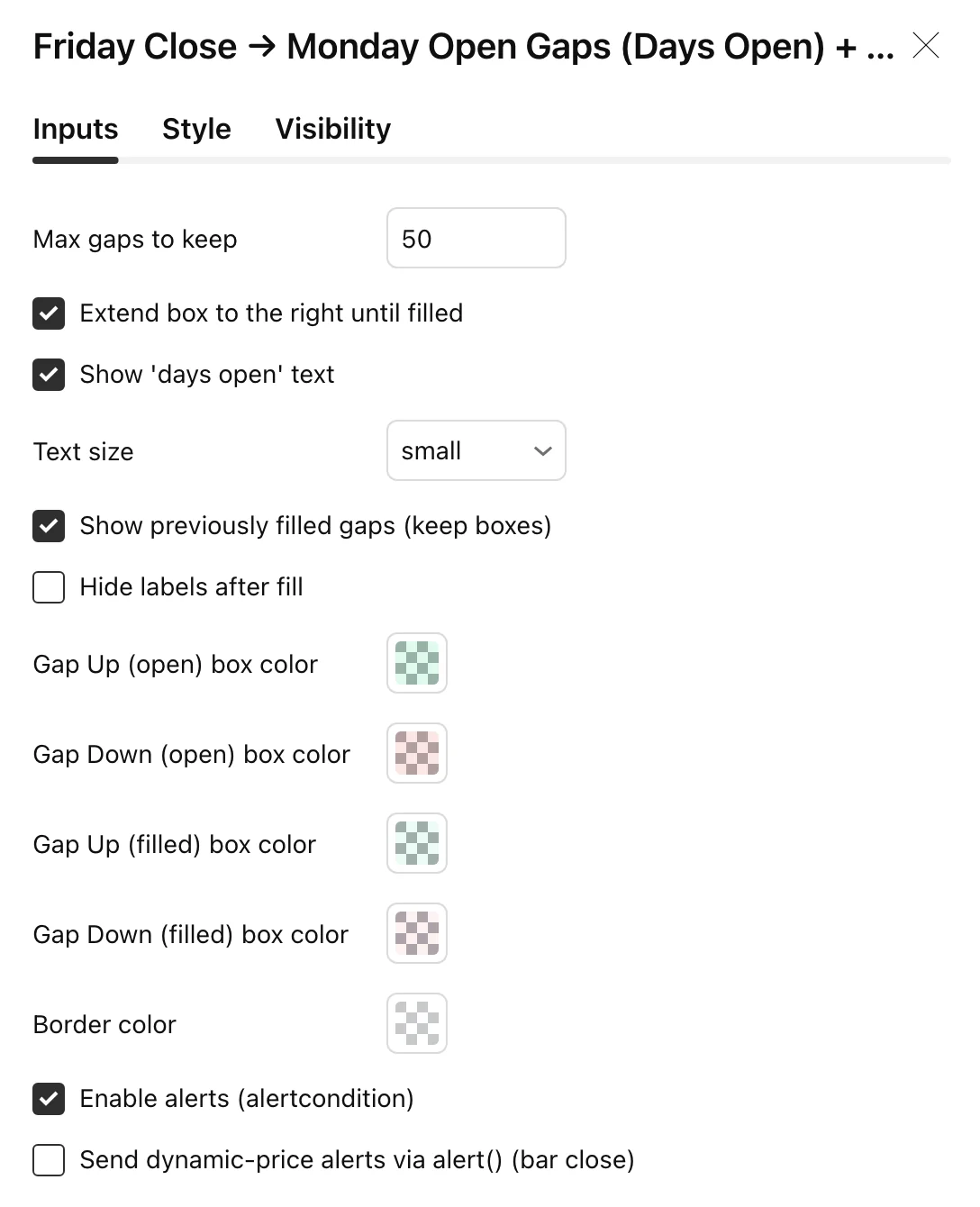 The Friday → Monday Gaps inputs dialog